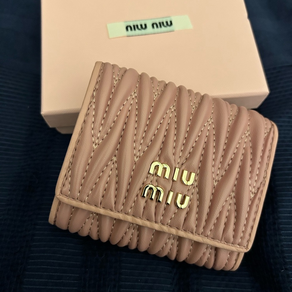 Miu Miu Blush Pink Quilted Leather Fold Wallet with Gold Logo